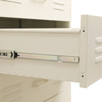 Close-up of a white drawer with a metal drawer slide partially extended, showing the drawer front, side panel, and hardware against a white background.
