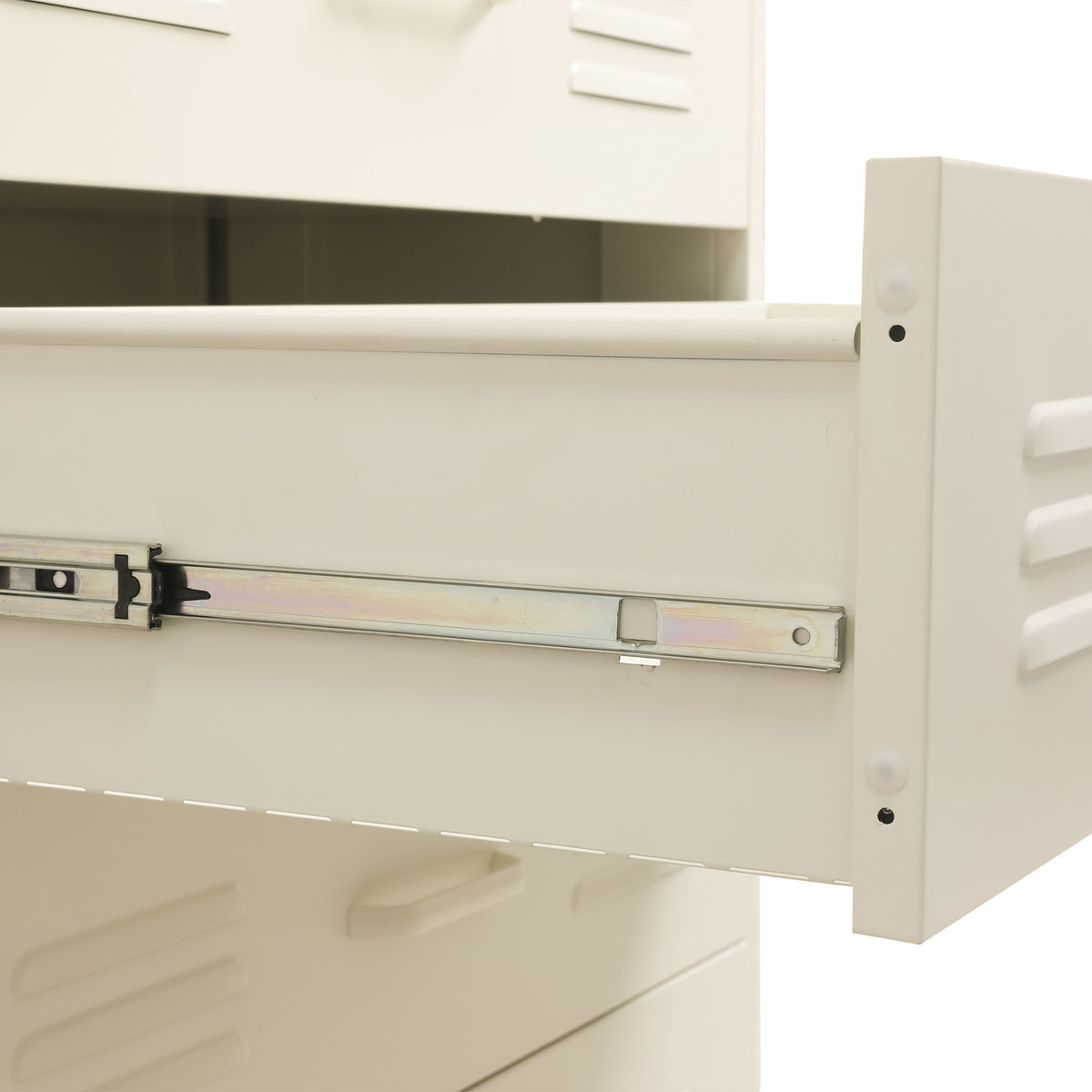 Close-up of a white drawer with a metal drawer slide partially extended, showing the drawer front, side panel, and hardware against a white background.