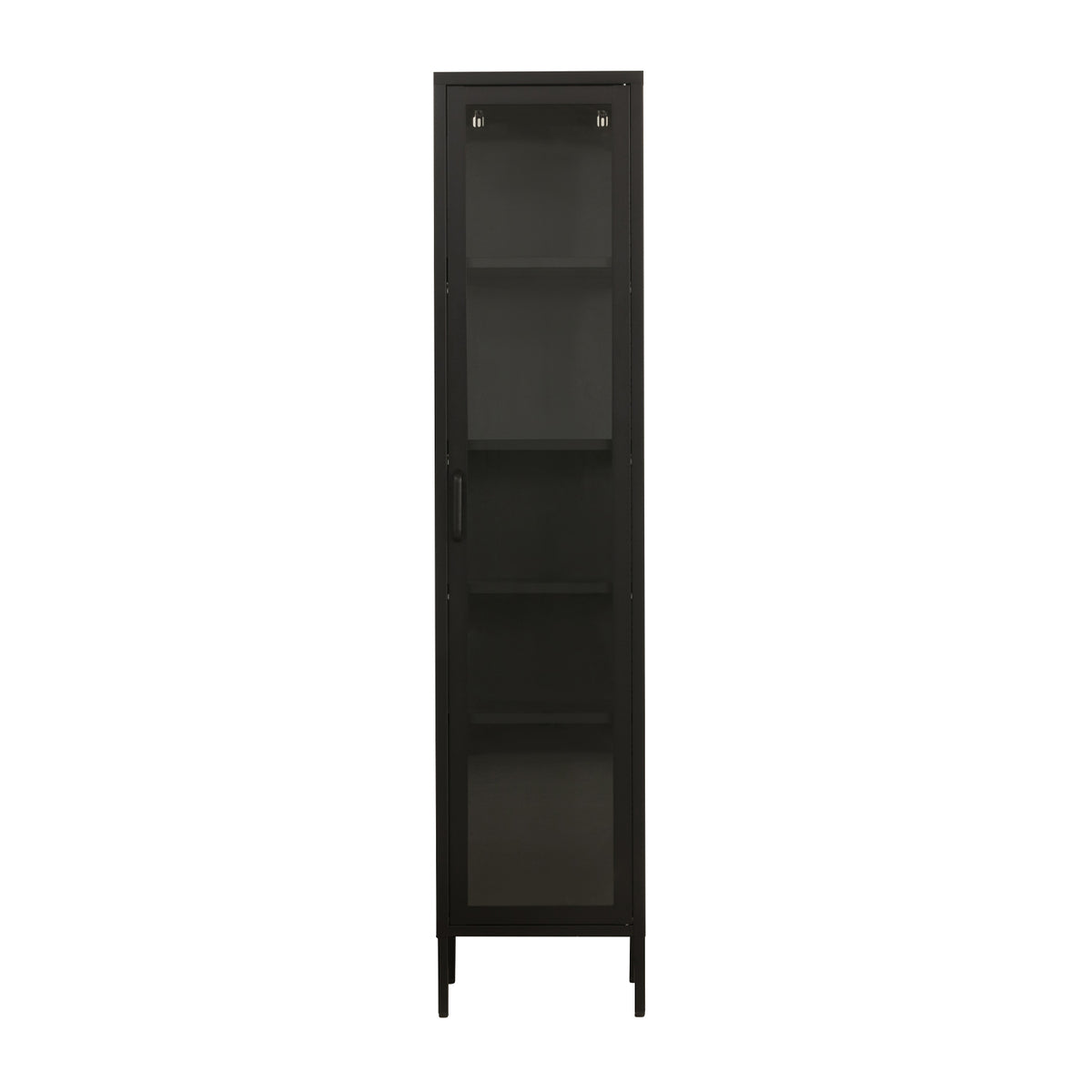 A tall metal and glass shelving unit on a white background.