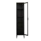 A tall metal and glass shelving unit on a white background.
