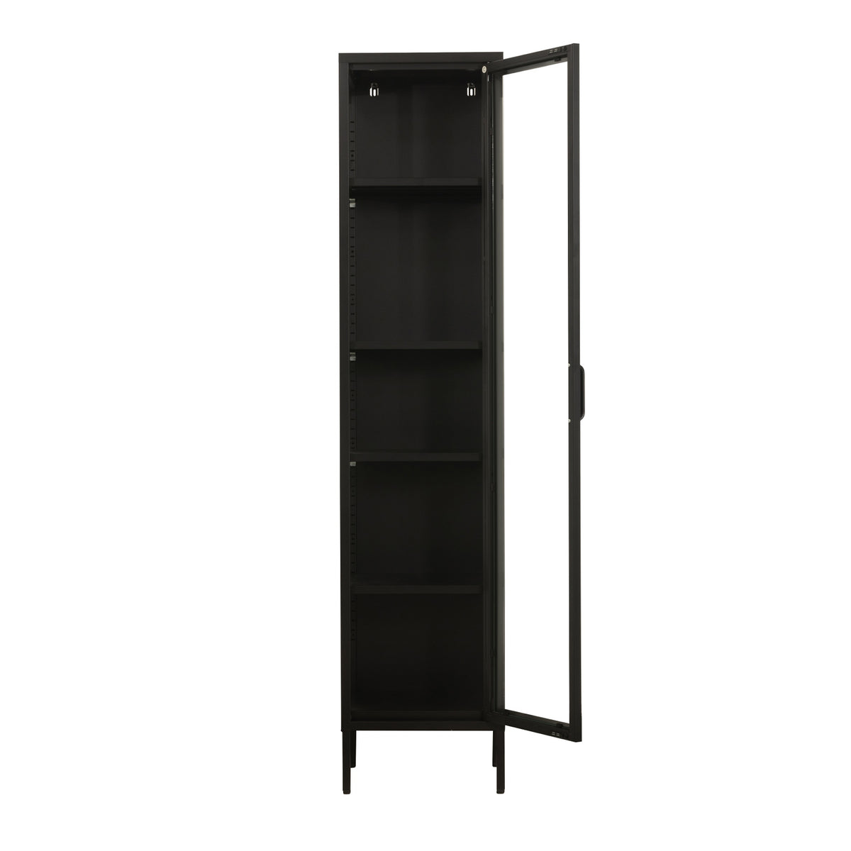A tall metal and glass shelving unit on a white background.