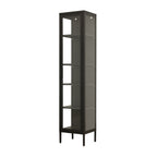 A tall metal and glass shelving unit on a white background.