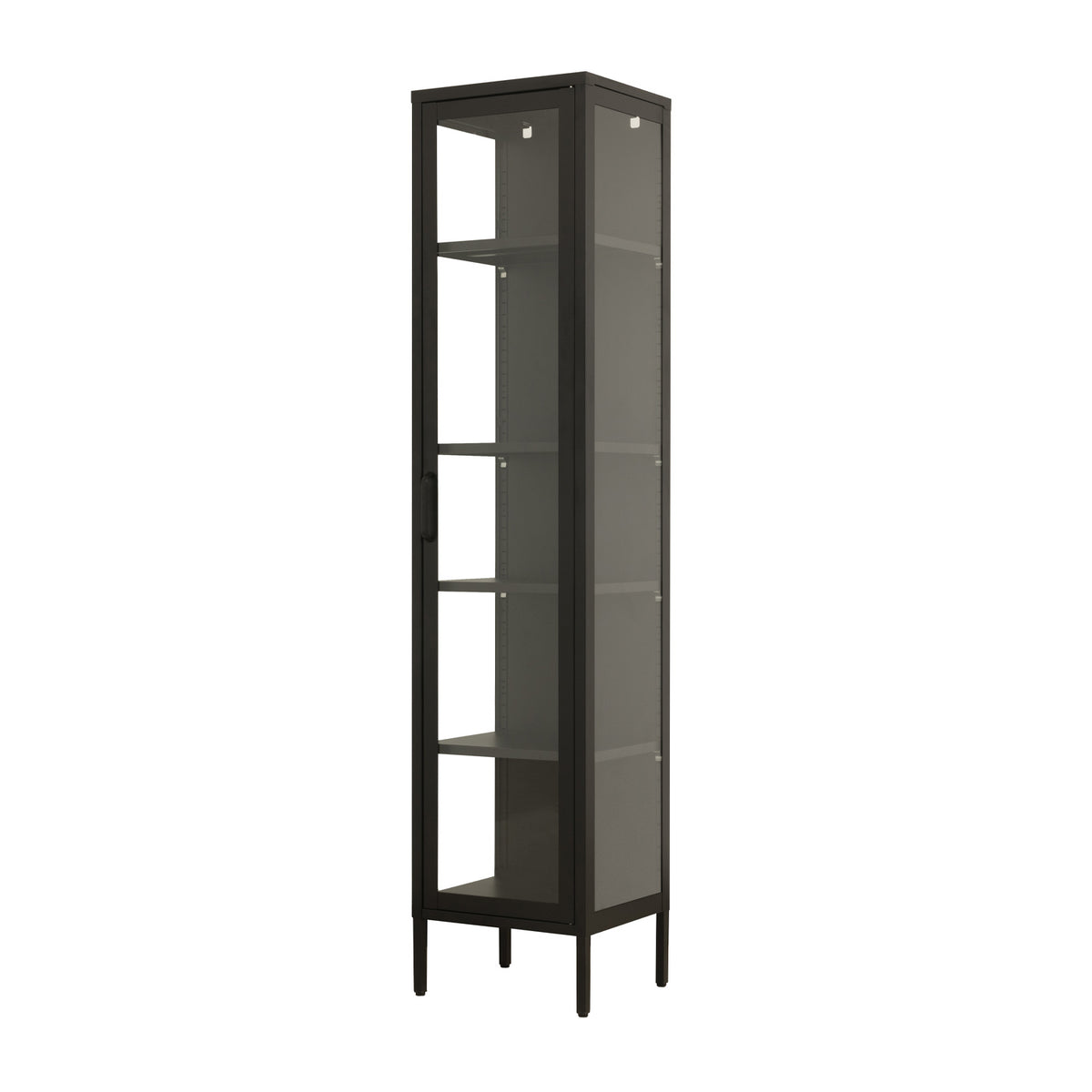 A tall metal and glass shelving unit on a white background.