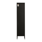 The back of a tall metal and glass shelving unit on a white background.