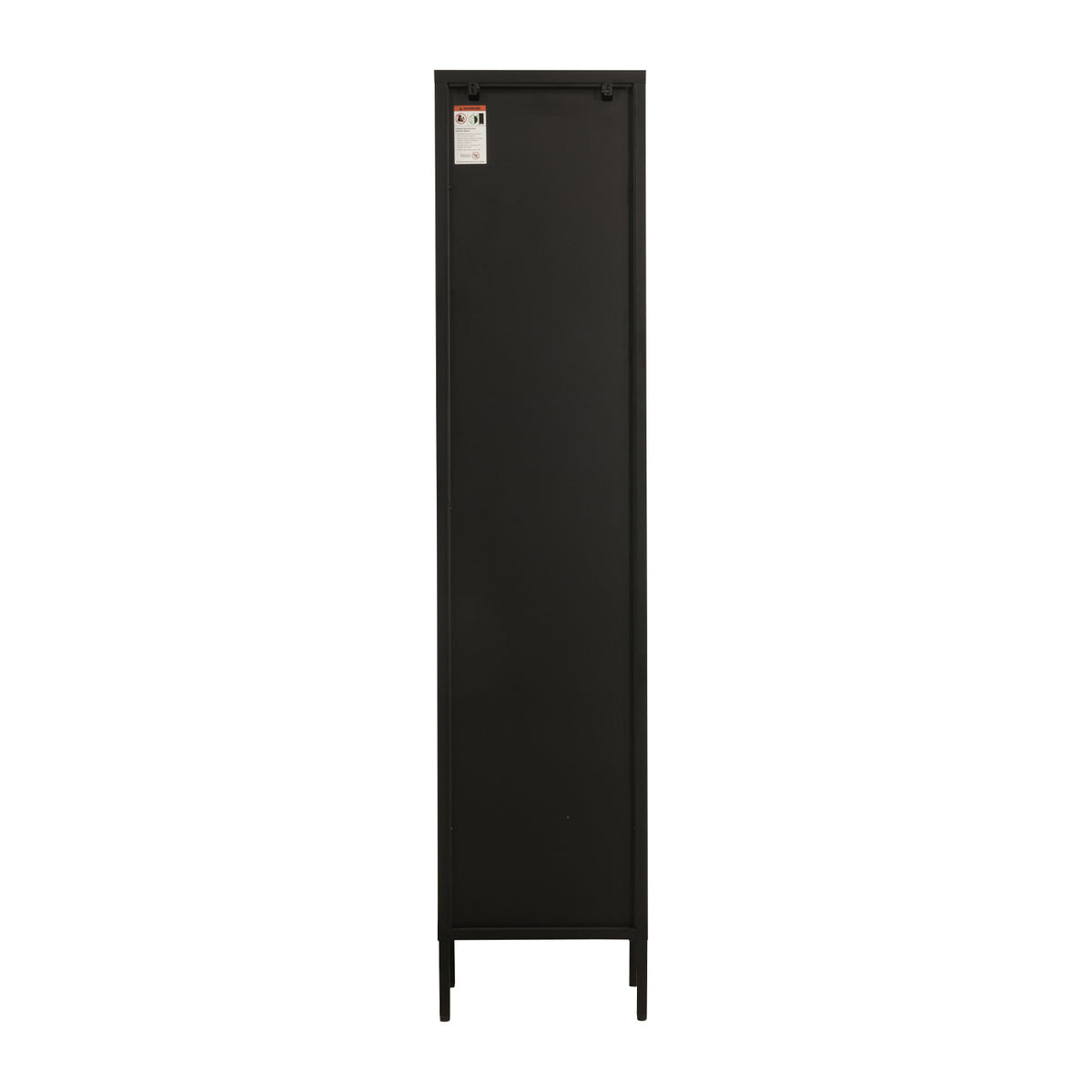 The back of a tall metal and glass shelving unit on a white background.