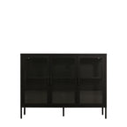 A black three-door cabinet with glass doors and slim legs, shown against a plain white background.