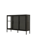A modern black metal sideboard cabinet with two dark-tinted glass doors, a left-side open shelf, and slim black legs, shown against a plain white background.