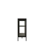 The side of a modern black metal storage cabinet shown against a plain white background.