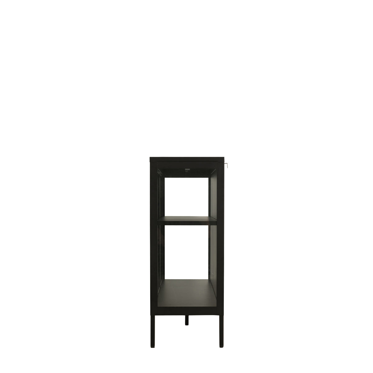 The side of a modern black metal storage cabinet shown against a plain white background.