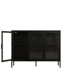 A black metal sideboard cabinet with two glass doors and one open door, showing an interior shelf, on a plain white background.