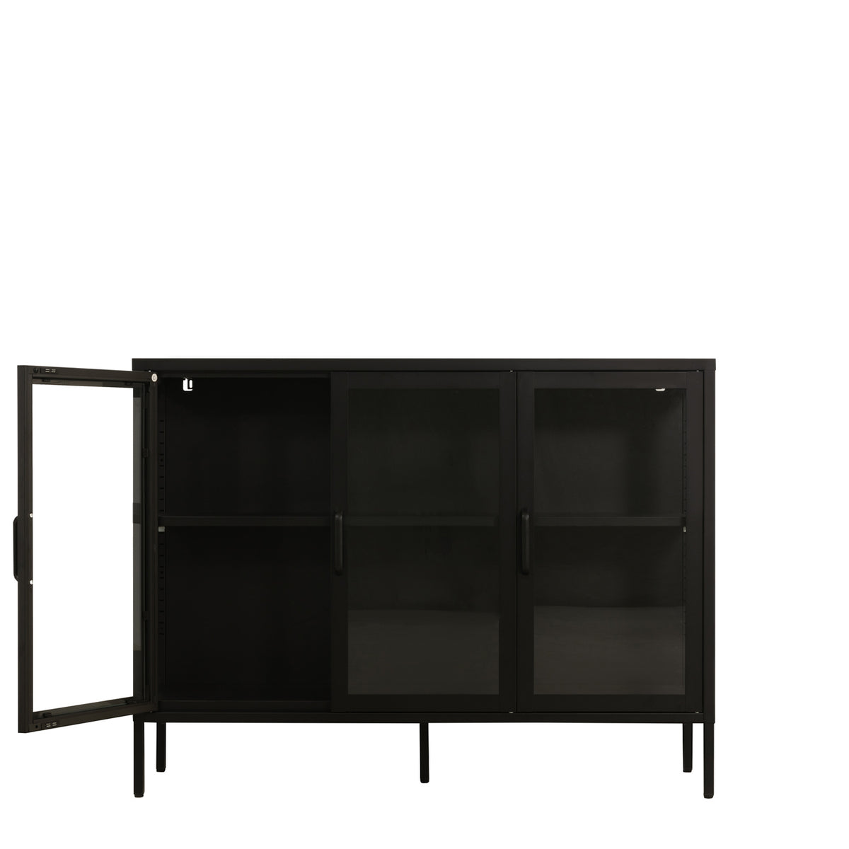 A black metal sideboard cabinet with two glass doors and one open door, showing an interior shelf, on a plain white background.