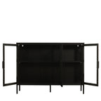 A black metal storage cabinet with two glass doors swung open, showing interior shelf against a plain white background.