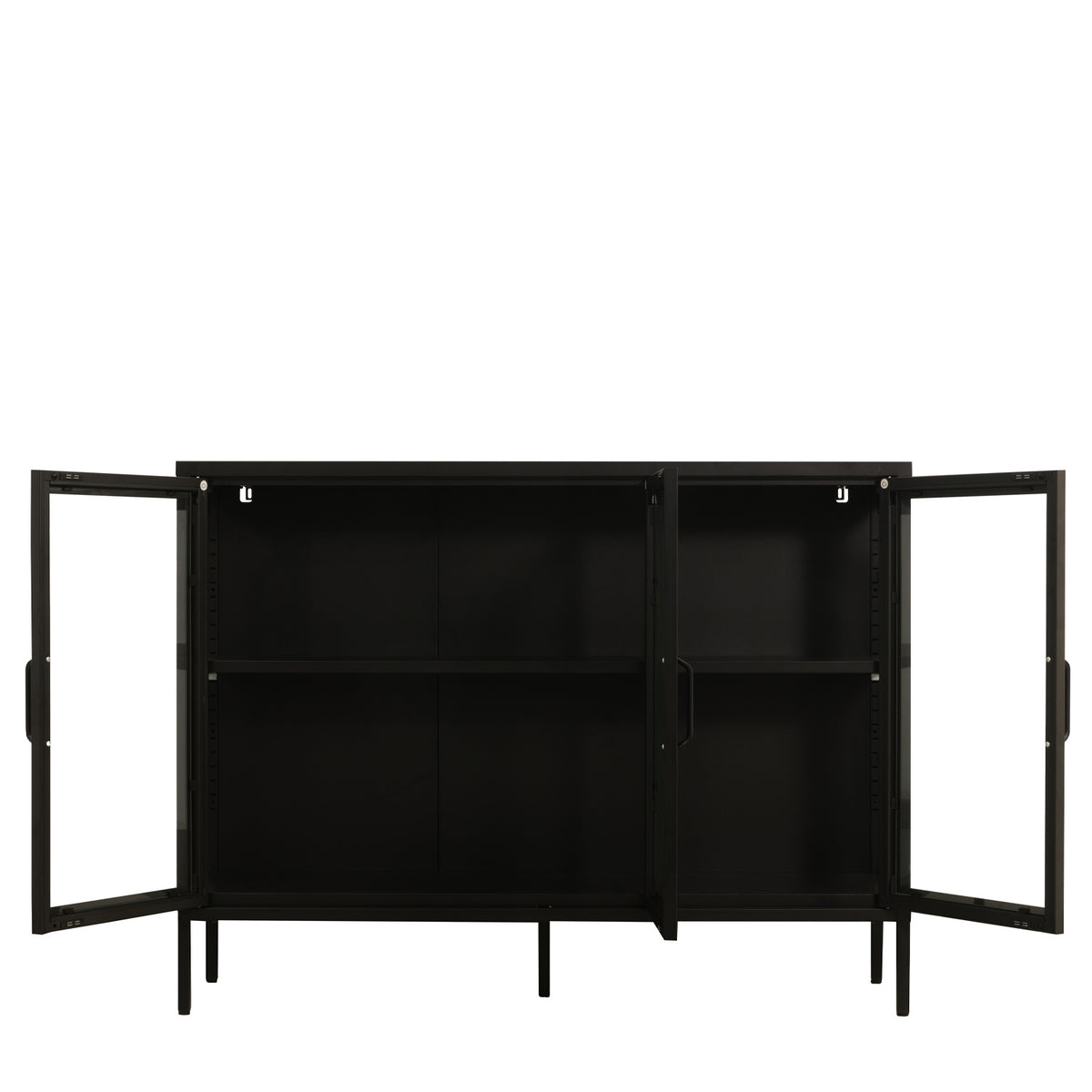 A black metal storage cabinet with two glass doors swung open, showing interior shelf against a plain white background.