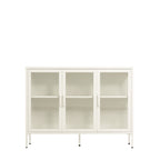 A modern three-door storage cabinet with glass doors, open shelves, and slim metal legs, shown against a plain white background.