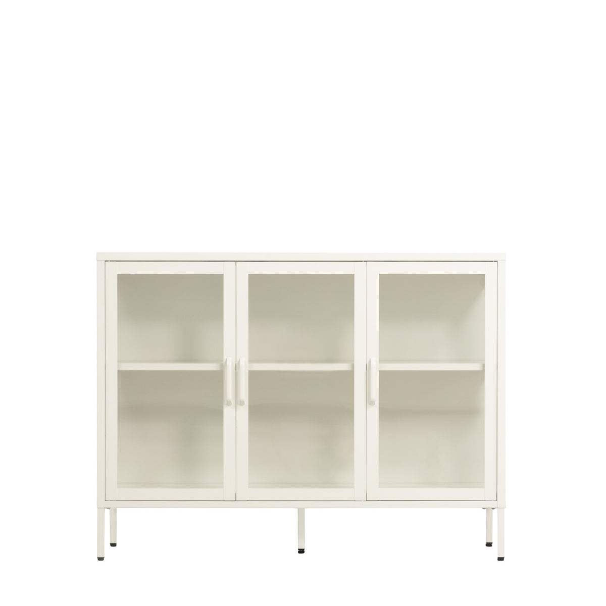 A modern three-door storage cabinet with glass doors, open shelves, and slim metal legs, shown against a plain white background.