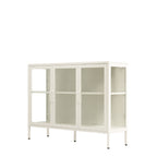 A white metal storage cabinet with three glass doors, two front doors with vertical handles and one side door, featuring adjustable shelving on the interior side panels.
