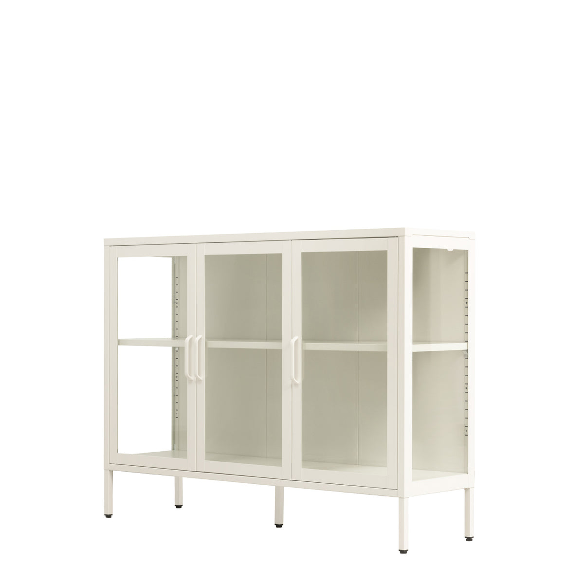 A white metal storage cabinet with three glass doors, two front doors with vertical handles and one side door, featuring adjustable shelving on the interior side panels.