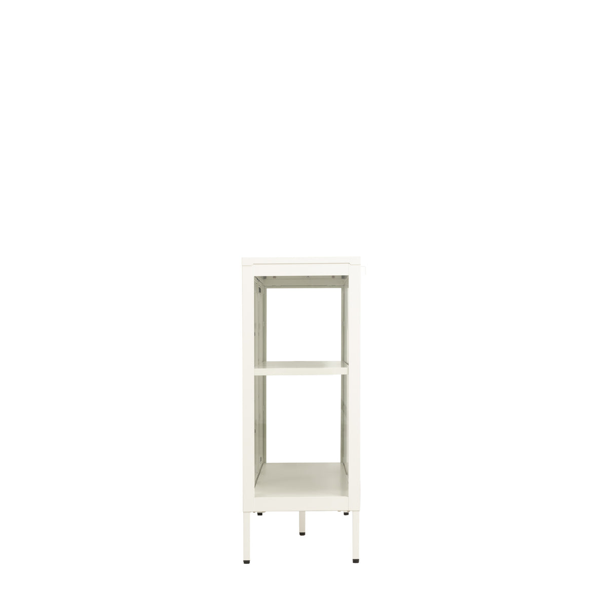 A side view of a white metal & glass sideboard