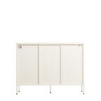 A white three-panel sliding storage cabinet with a slim metal frame and legs, shown against a plain white background.