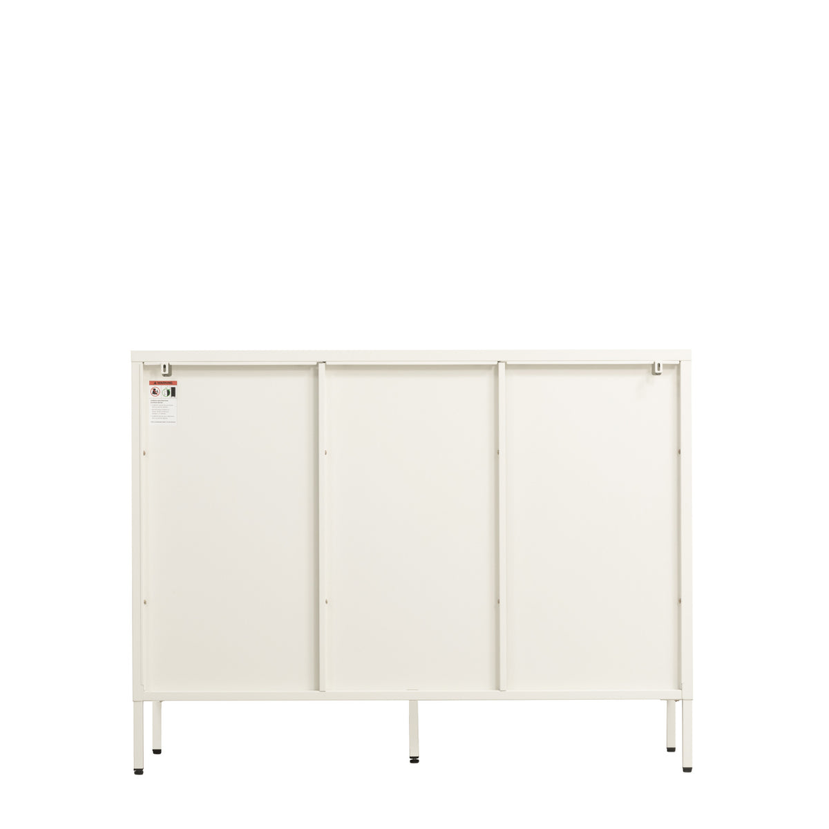 A white three-panel sliding storage cabinet with a slim metal frame and legs, shown against a plain white background.