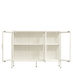 An off-white metal storage cabinet with two doors swung open, showing an adjustable shelf inside, set against a plain white background.