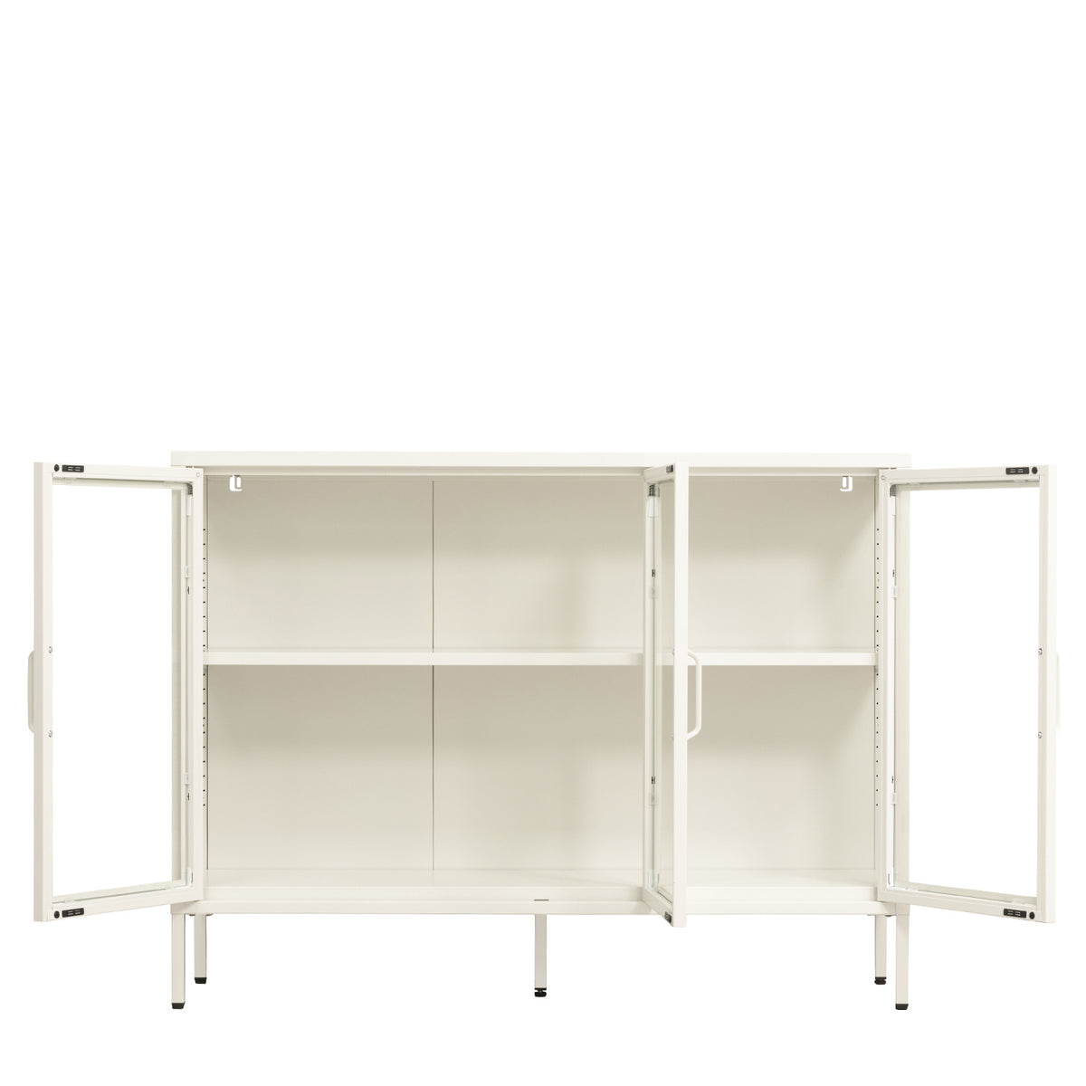 An off-white metal storage cabinet with two doors swung open, showing an adjustable shelf inside, set against a plain white background.