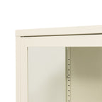 Close-up of a white metal storage cabinet  showing the top edge, frame, and interior shelving slot panel.