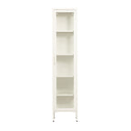 A tall metal and glass shelving unit on a white background.