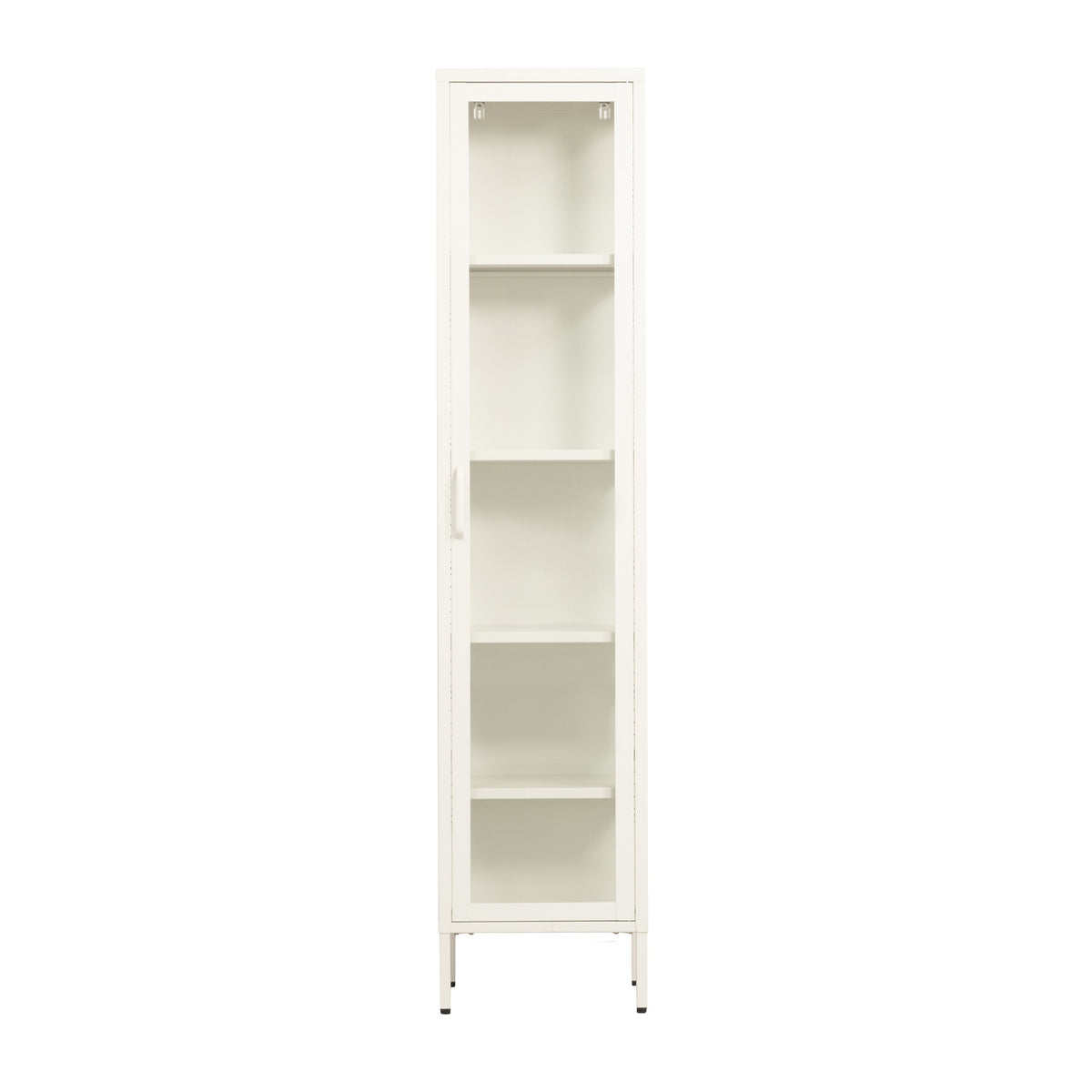A tall metal and glass shelving unit on a white background.