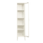A tall metal and glass shelving unit on a white background.