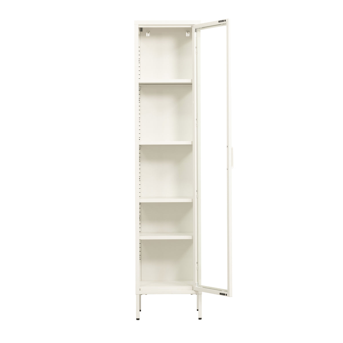 A tall metal and glass shelving unit on a white background.