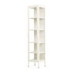 A tall metal and glass shelving unit on a white background.