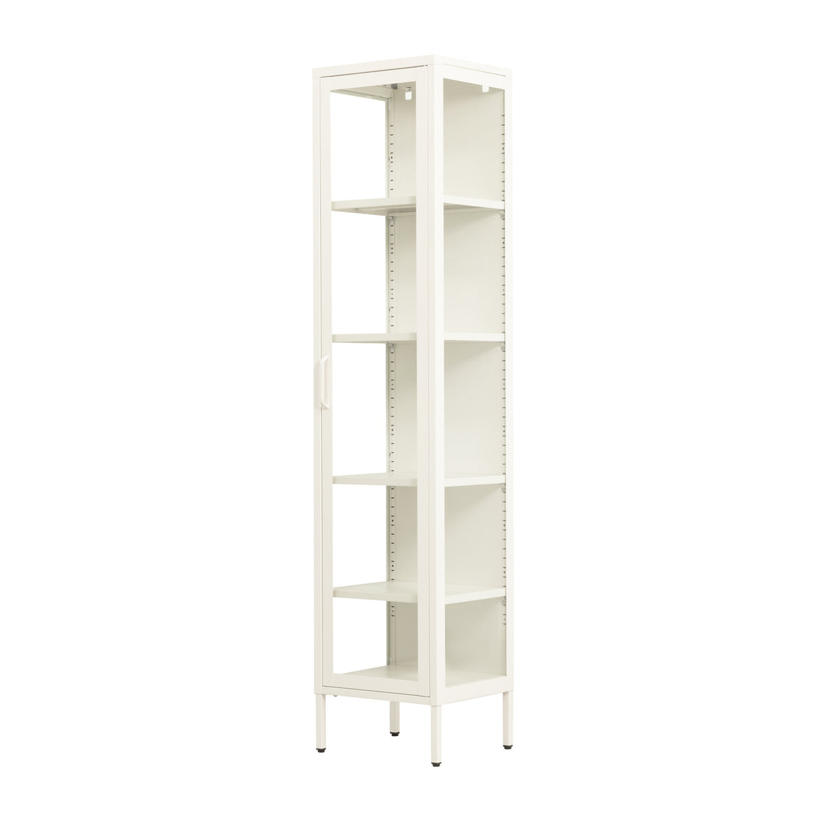 A tall metal and glass shelving unit on a white background.