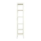 The side of a tall metal and glass shelving unit on a white background.