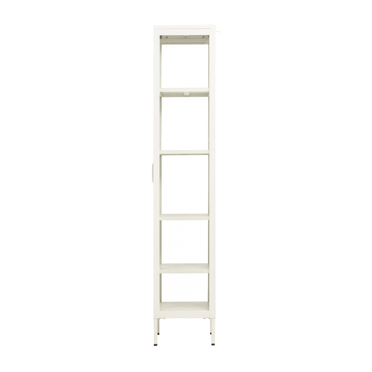 The side of a tall metal and glass shelving unit on a white background.