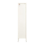 The back of a tall metal and glass shelving unit on a white background.