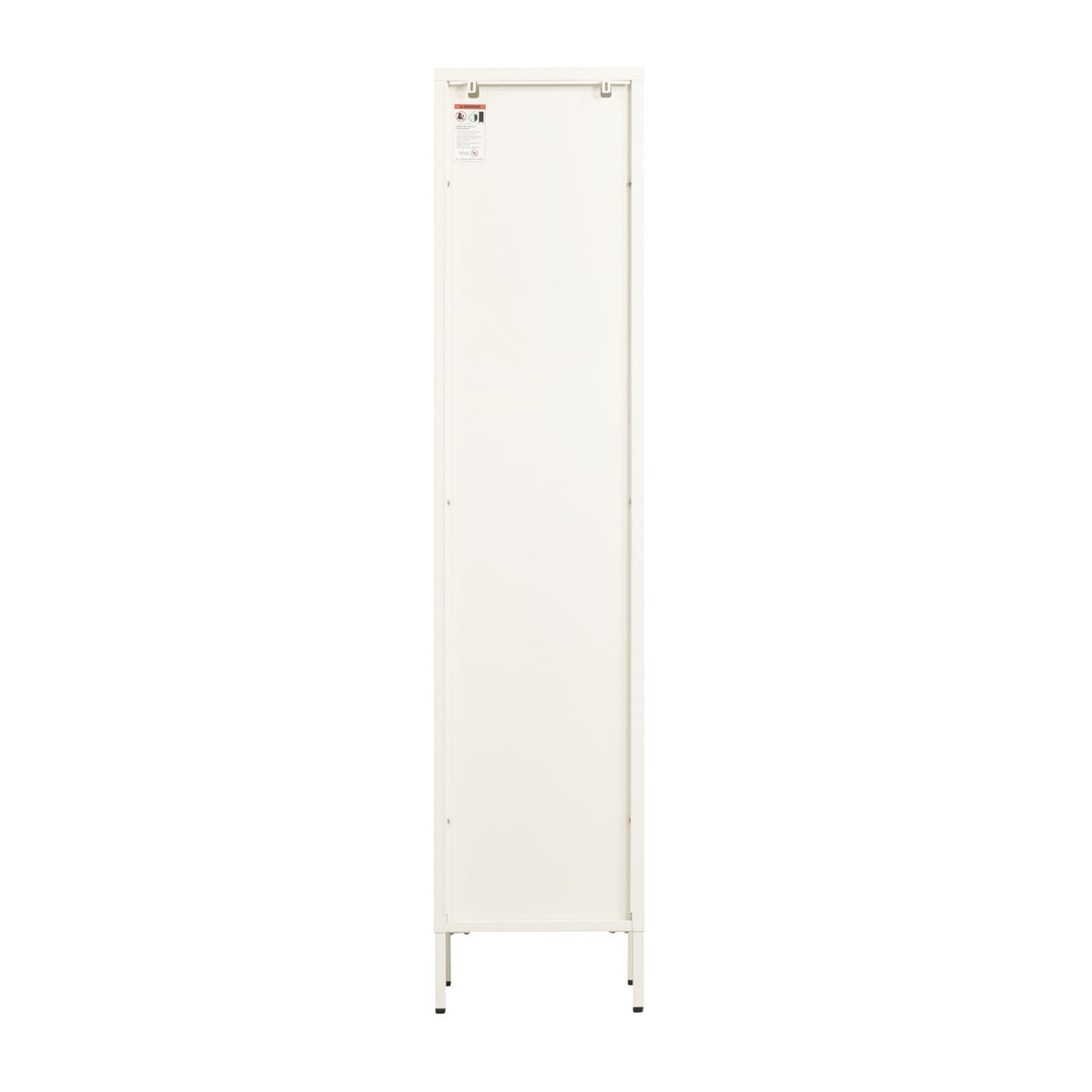 The back of a tall metal and glass shelving unit on a white background.