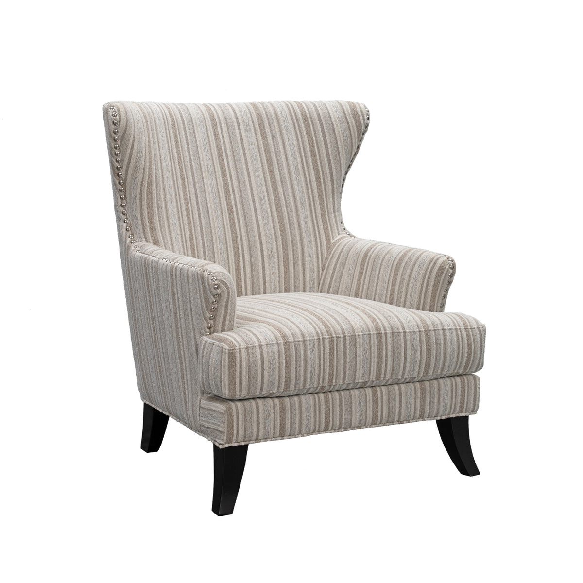 A classic wingback armchair with a neutral vertically striped fabric upholstery, dark wood legs, and decorative studded trim along the armrests, shown against a plain white background.