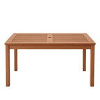 Natural wood dining table featuring a rectangular slatted tabletop, central umbrella hole and sturdy straight legs, ideal for outdoor dining.