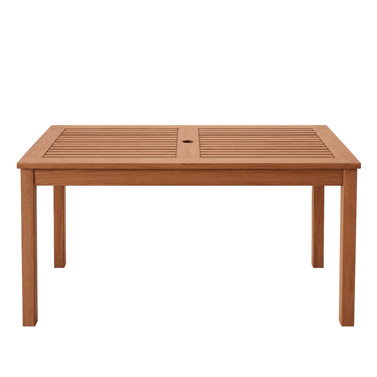 Natural wood dining table featuring a rectangular slatted tabletop, central umbrella hole and sturdy straight legs, ideal for outdoor dining.