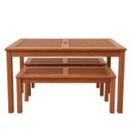 Natural Santos dining table displayed with two coordinating wooden bench seats, showcasing matching slatted detailing and a warm timber finish.