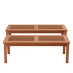 Natural wooden bench seat featuring a rectangular slatted top, straight legs and a warm timber finish, designed for outdoor seating.