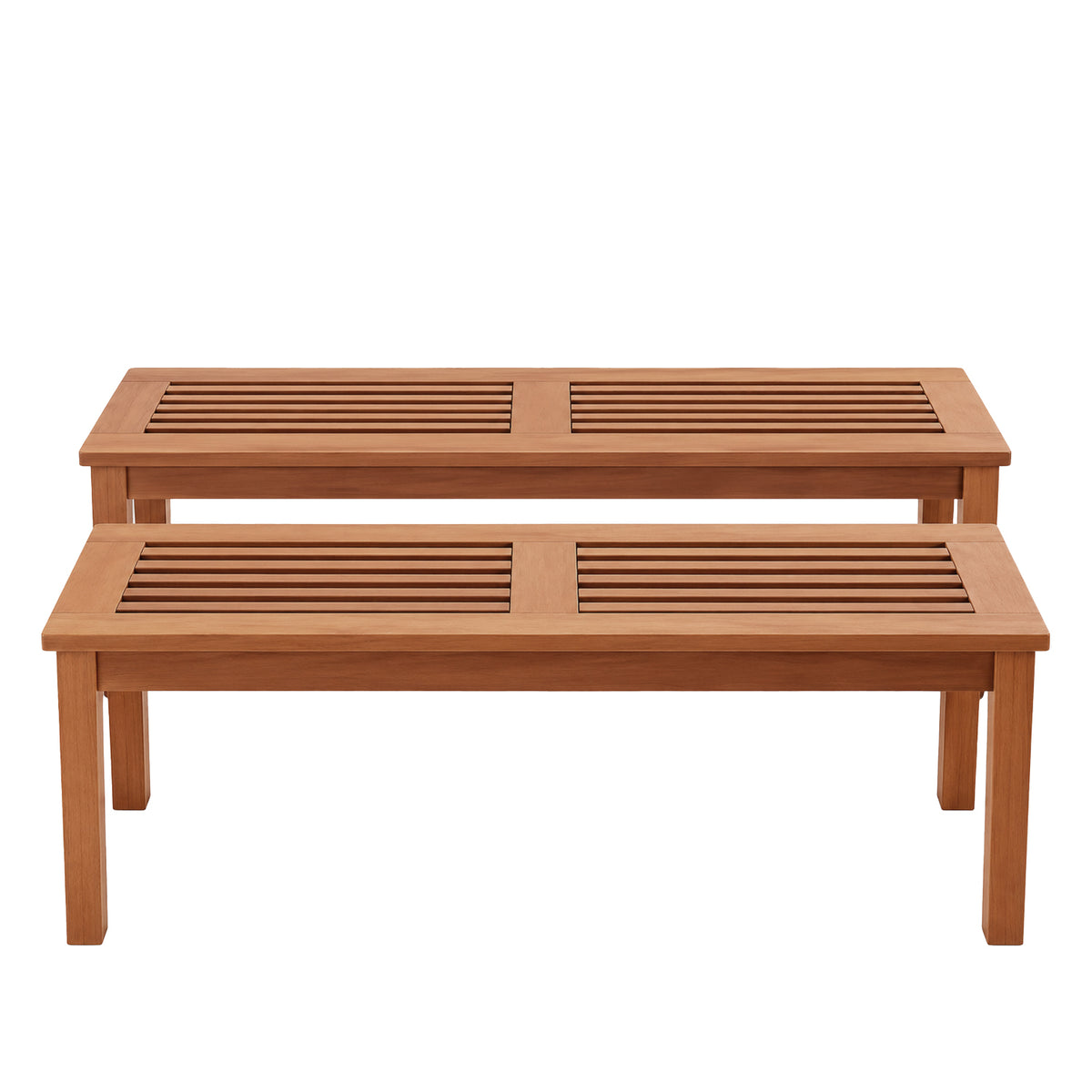 Natural wooden bench seat featuring a rectangular slatted top, straight legs and a warm timber finish, designed for outdoor seating.