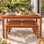 Natural Santos bench seats displayed with a matching dining table, showcasing the coordinated wooden design and practical outdoor seating arrangement.