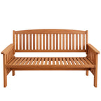 Natural wooden three-seater garden bench featuring a gently curved slatted backrest, wide armrests and a matching slatted seat.