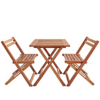 Natural wooden bistro set featuring a compact square slatted table and two matching folding chairs with slatted seats and backrests.