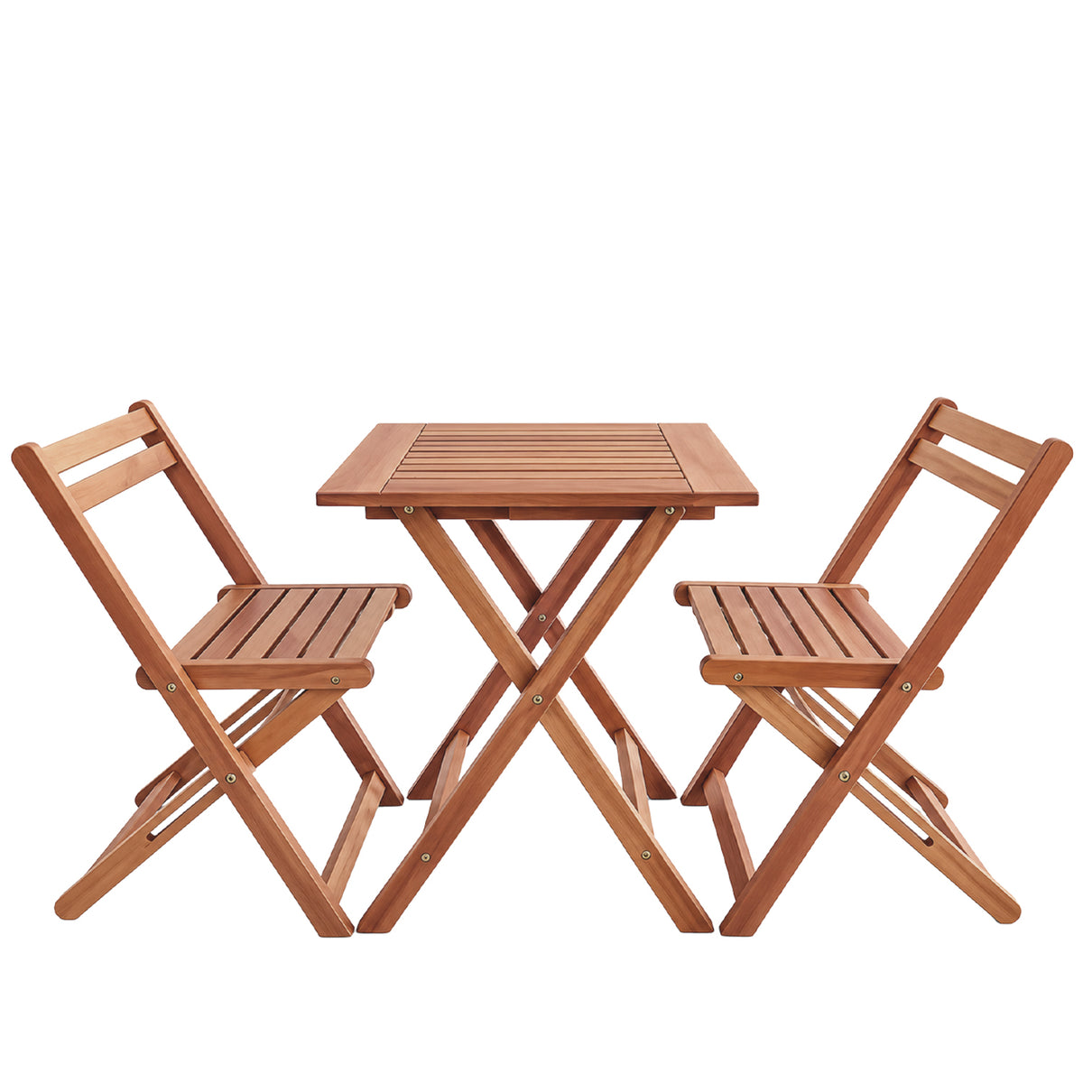 Natural wooden bistro set featuring a compact square slatted table and two matching folding chairs with slatted seats and backrests.