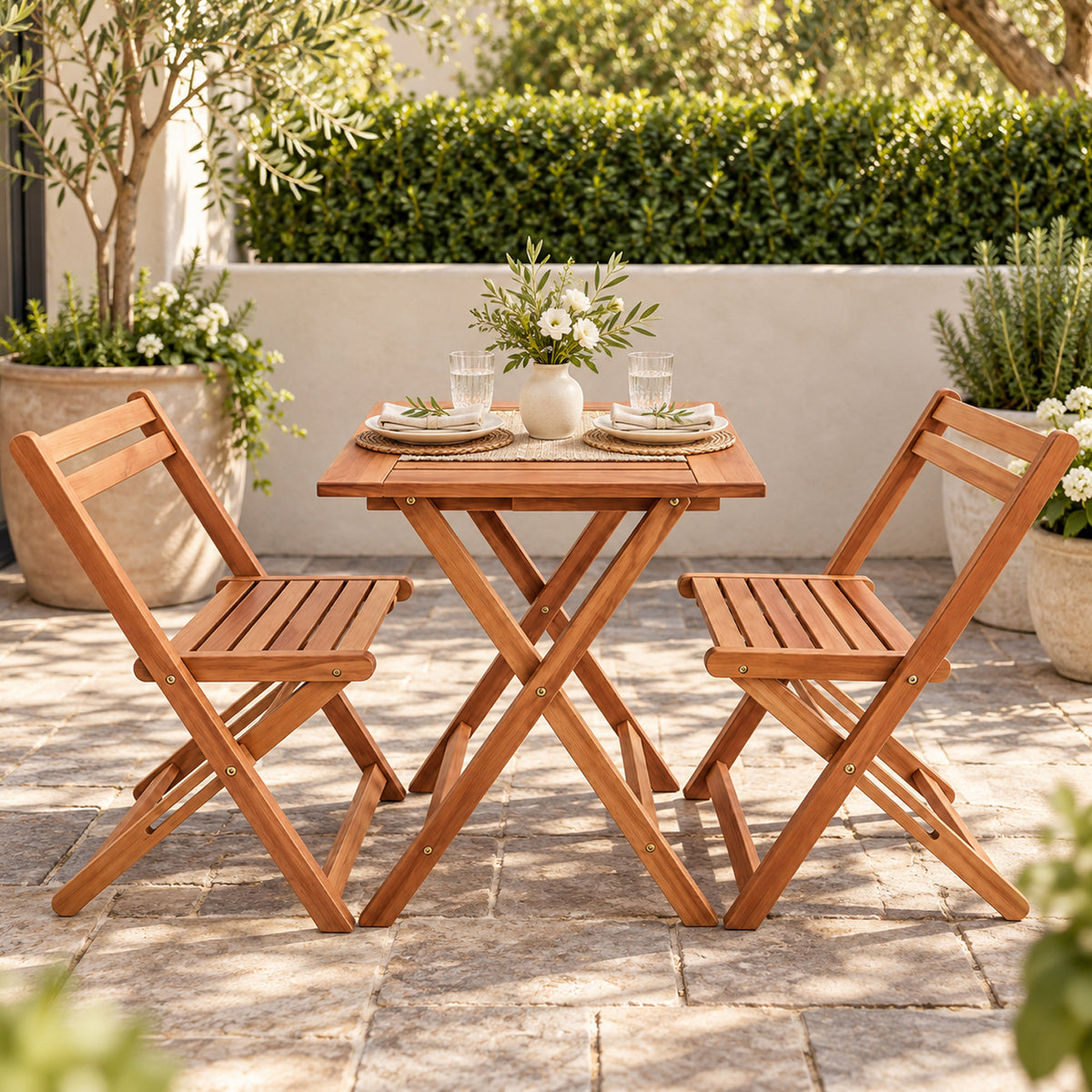 Natural Santos bistro set styled on a sunny garden patio with tableware, flowers and greenery, creating a relaxed outdoor dining setting.
