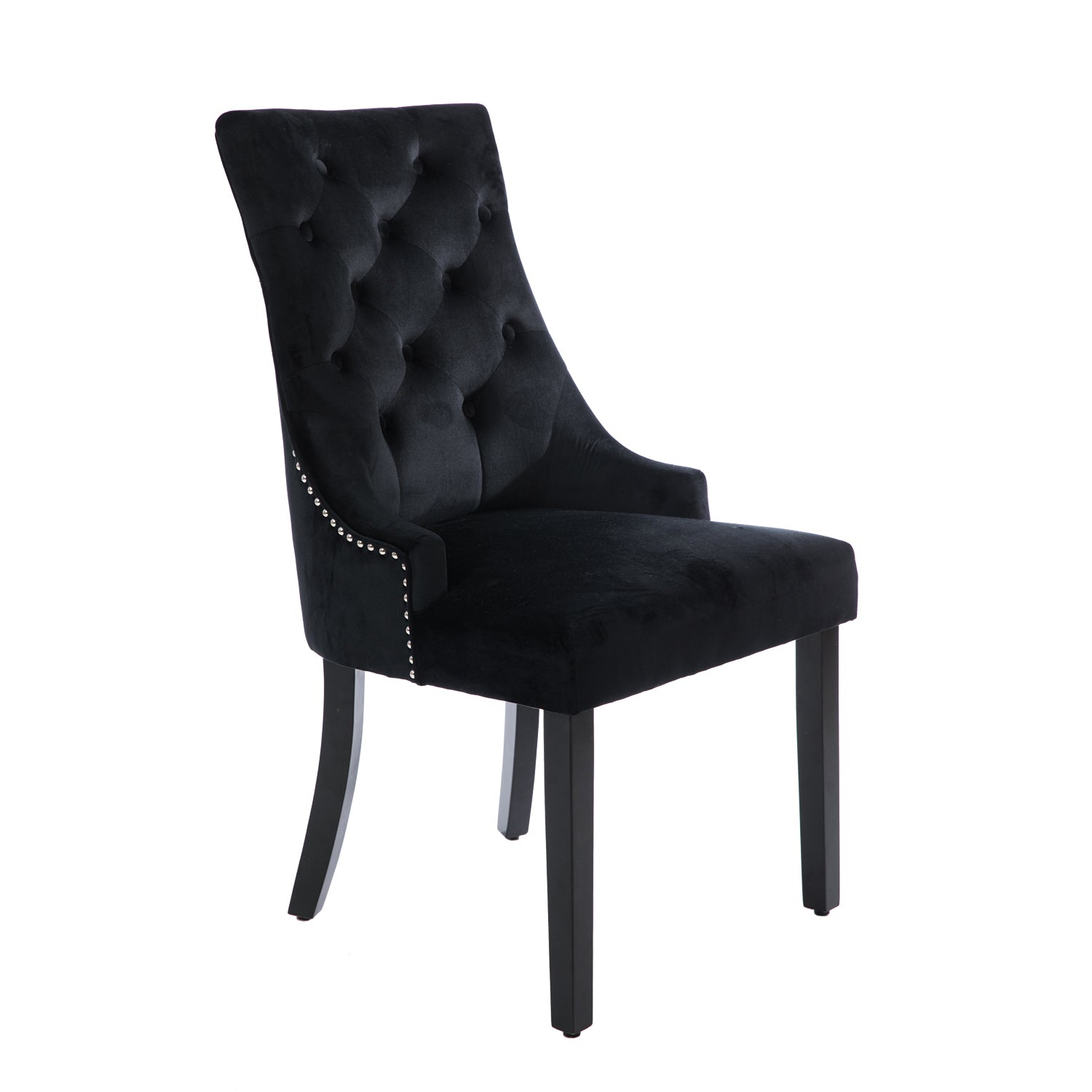 Design Republique Harvey Dining Chair in Black featuring black velvet upholstery, a button-tufted high back, silver stud detailing, and black timber legs.