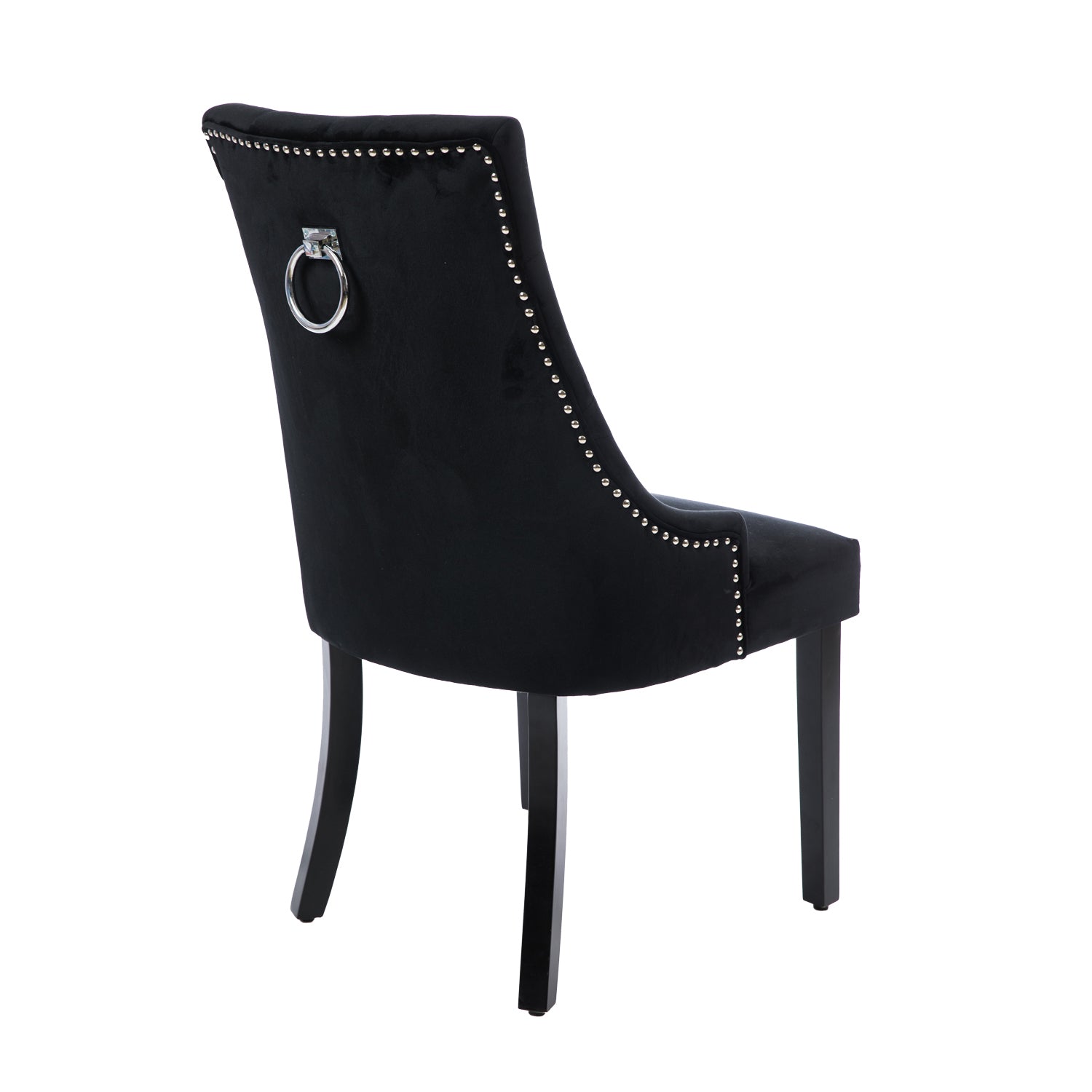Rear view of the Design Republique Harvey Dining Chair in Black featuring smooth velvet upholstery, silver stud detailing, a chrome ring pull handle, and black timber legs.
